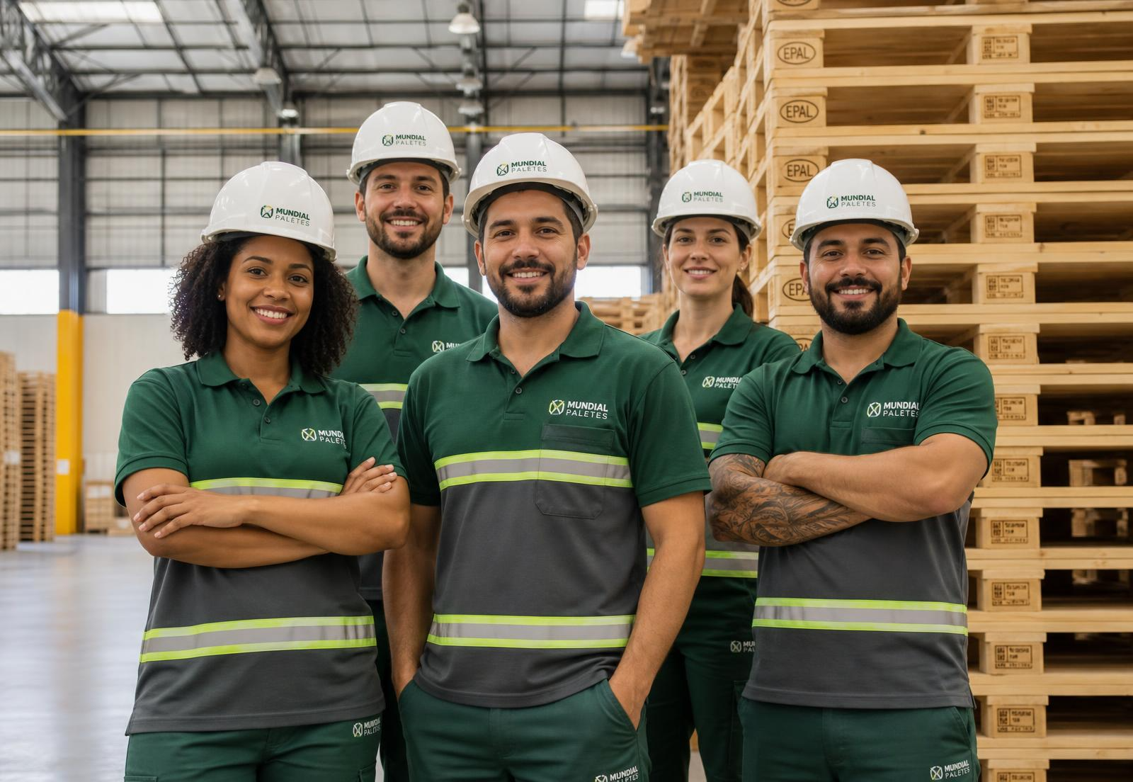 Equipe Mundial Paletes uniformizada em armazém de paletes de madeira
